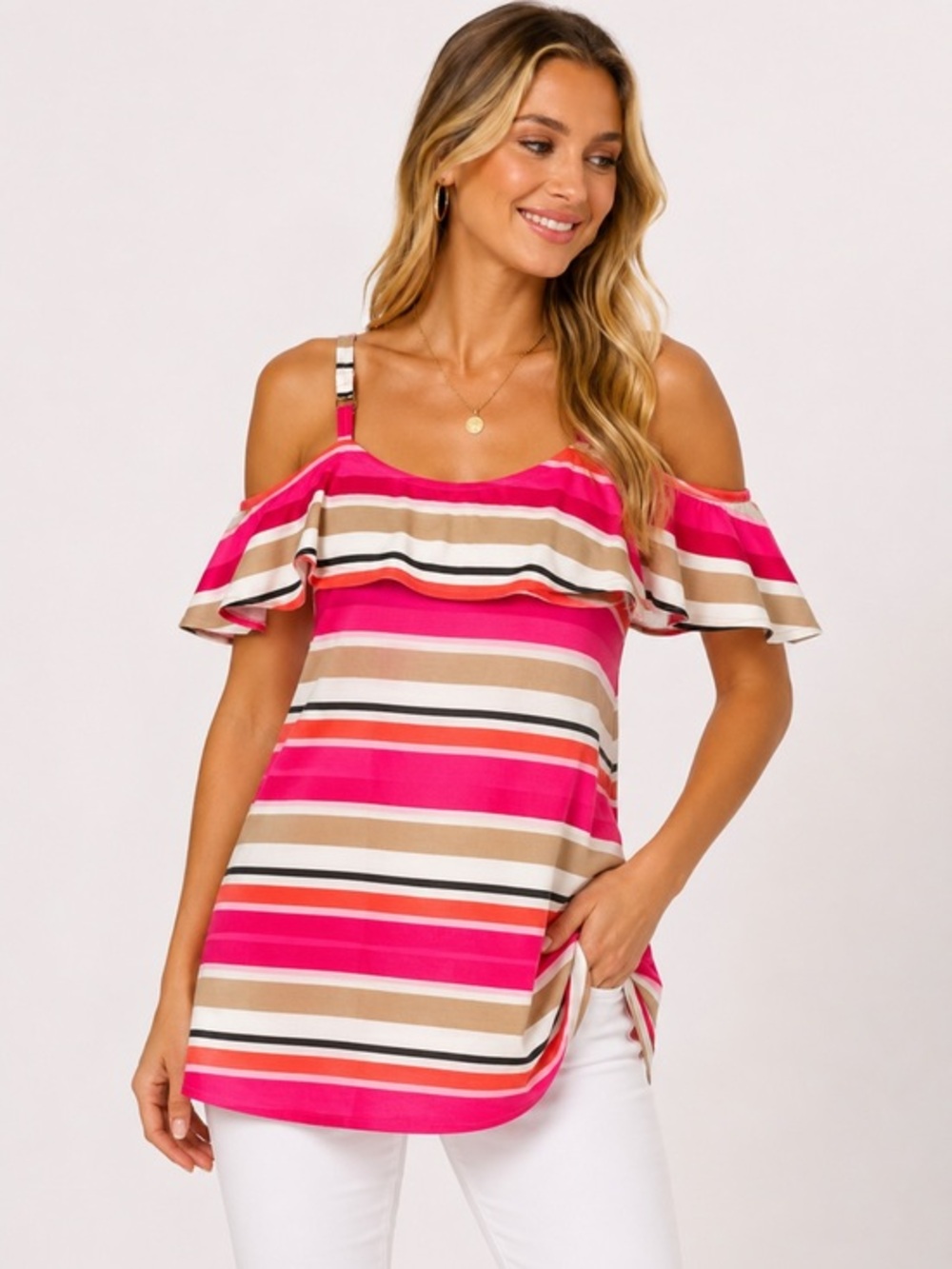 Michael Michael Kors Pink Striped Cold Shoulder Ruffle Top Size 8